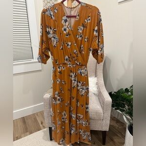 Garnet Hill Mustard Floral Midi Dress Small Dolman Sleeve Tencel Stretch